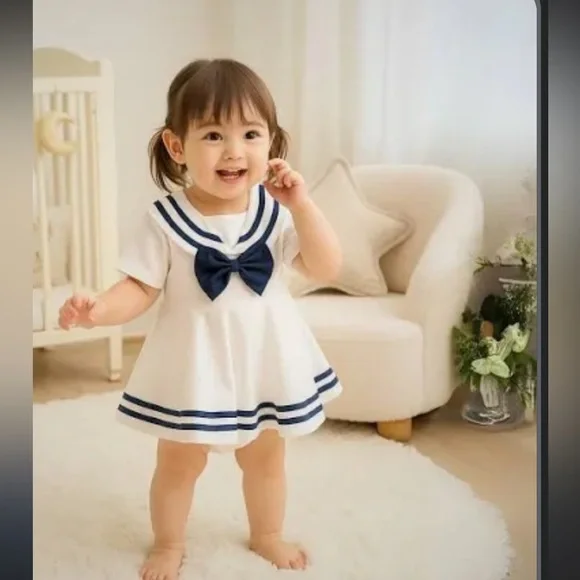 Rare Editions Girls Sailor Dress White with Navy with Bow. - Picture 1 of 11